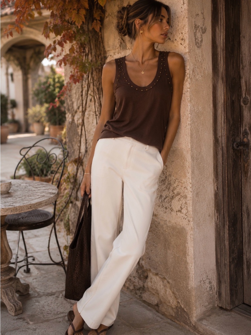 XCVI Brown Studded Scoop Neck Tank Top